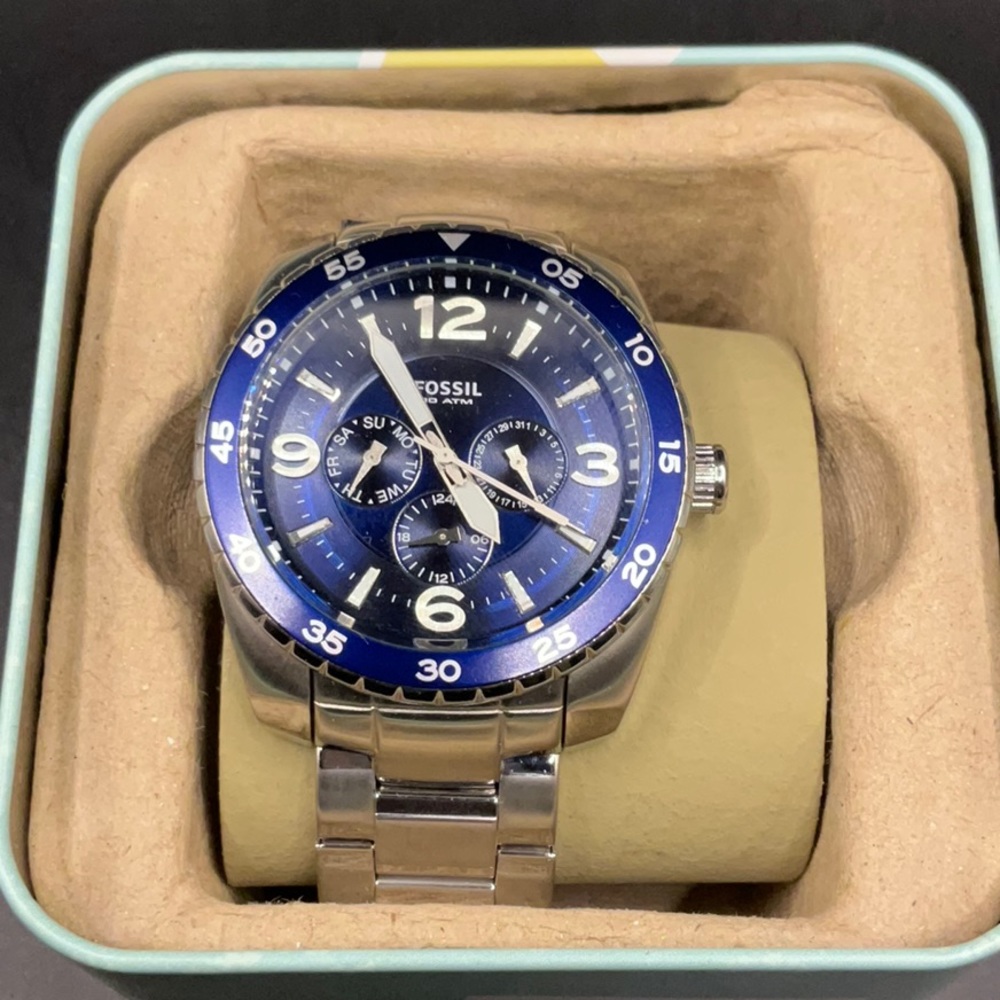 FOSSIL SPORT DIVER BQ 9373 STAINLESS BRACELET NAVY BLUE 3 EYE FACE DIAL & BEZEL